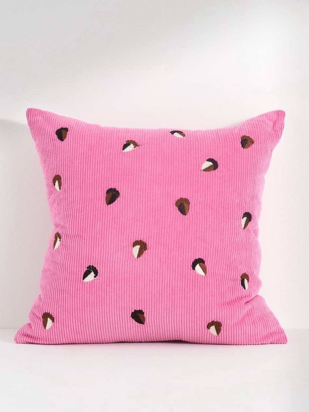 Anthropologie Acorn Pillow Velvet Corduroy 18x18 Embroidered Pink NWT Rare